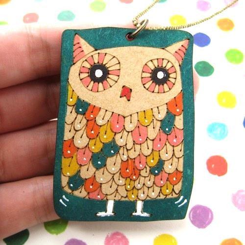 Owl Bird Animal Hand Drawn Pendant Necklace in Green Ink on Wood | DOTOLY
