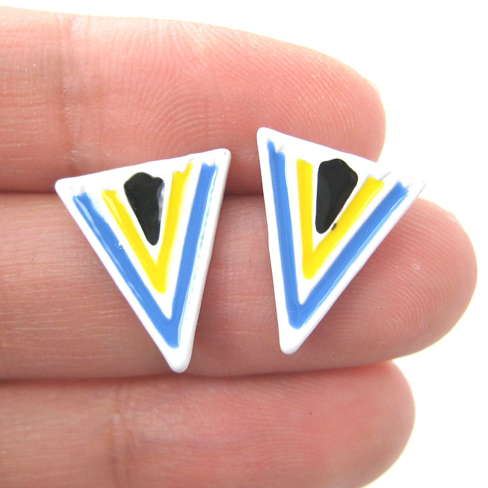 Geometric Arrow Shaped Chevron Print Stud Earrings in White and Blue | DOTOLY