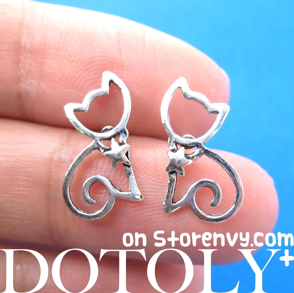 Kitty Cat Animal Outline Stud Earrings with Star Detail in Sterling Silver | DOTOLY