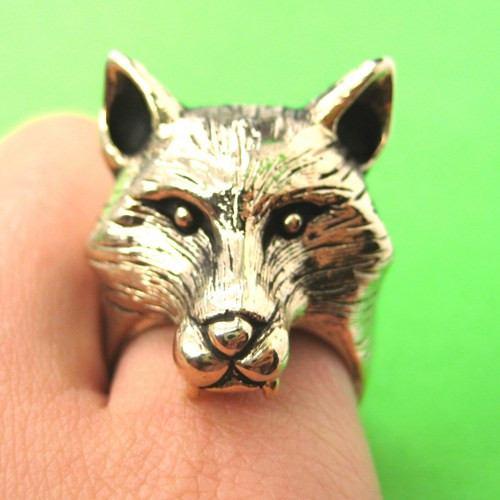 3D Fox Wolf Shaped Adjustable Animal Ring in Shiny Gold | DOTOLY | DOTOLY