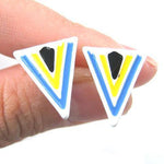 Geometric Arrow Shaped Chevron Print Stud Earrings in White and Blue | DOTOLY