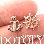 Small Anchor and Wheel Nautical Stud Earrings in Rose Gold | DOTOLY