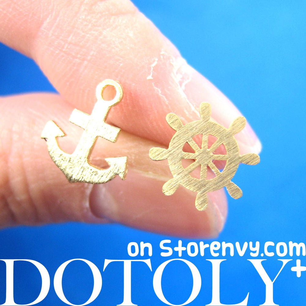 Anchor and Wheel Nautical Themed Stud Earrings in Gold | DOTOLY | DOTOLY