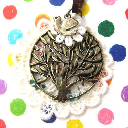 Round Tree Shaped Pendant with Bird Charm Necklace on Lace | DOTOLY