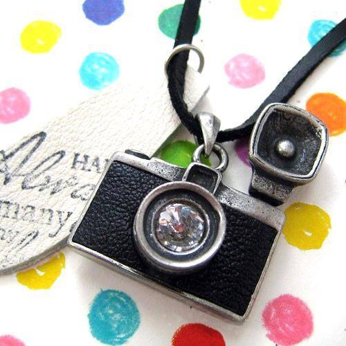 Camera Lens Pendant with Flash Necklace in Black on Silver | DOTOLY