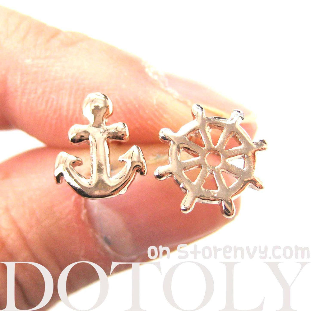 Small Anchor and Wheel Nautical Stud Earrings in Rose Gold | DOTOLY