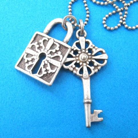 Lock and Key Pendant Necklace with Pattern Detail in Silver on SALE | DOTOLY