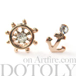 Anchor and Wheel Nautical Themed Small Stud Earrings in Rose Gold | DOTOLY