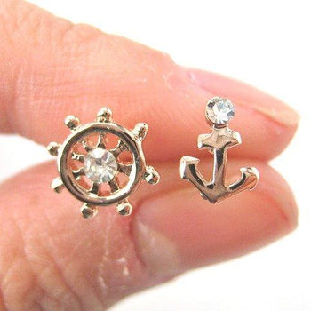 Anchor and Wheel Nautical Themed Small Stud Earrings in Rose Gold | DOTOLY