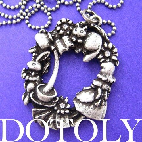 Alice in Wonderland Inspired Kitty Cat Bunny Rabbit and Teacup Necklace | DOTOLY
