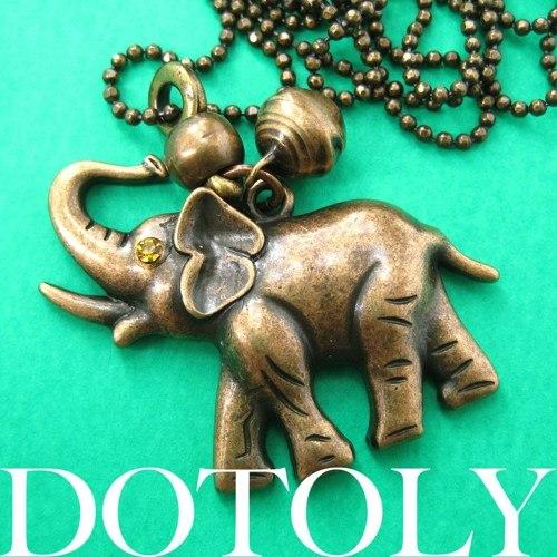 Baby Elephant Animal Pendant Necklace in Bronze with Bell Charm | DOTOLY