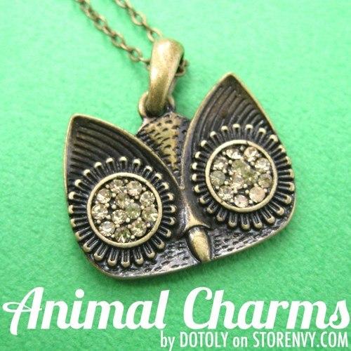 Simple Owl Animal Pendant Necklace in Bronze with Rhinestones on SALE | DOTOLY