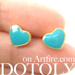 Small Heart Shaped Stud Earrings in Turquoise Blue and Gold | DOTOLY