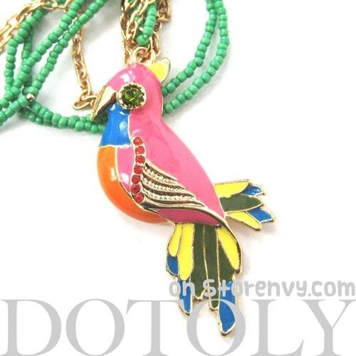 Parrot Bird Animal Pendant Colorful Necklace with Beaded Detail | DOTOLY
