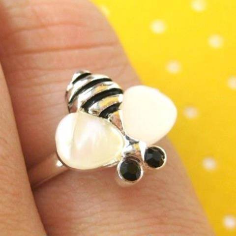 Bumblebee Bee Shaped Animal Adjustable Ring in Silver with Pearl Colored Wings | DOTOLY