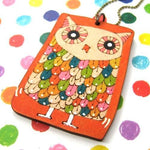 Owl Bird Animal Hand Drawn Pendant Necklace in Orange Ink on Wood | DOTOLY