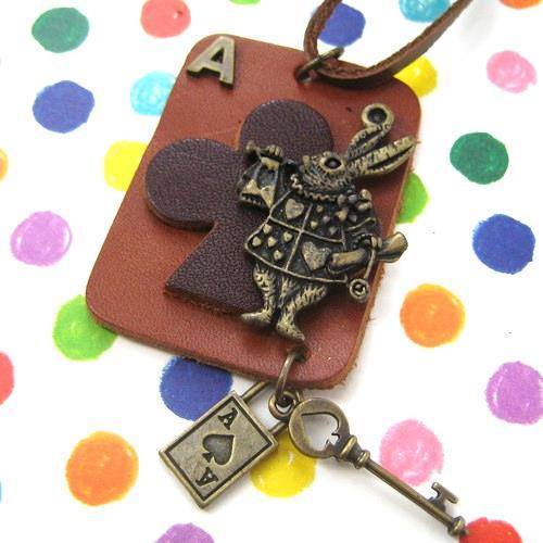 Ace of Clubs Bunny Rabbit Playing Card Pendant Necklace in Leather | DOTOLY