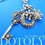 Antique Skeleton Key and Snowflake Pendant Necklace in Silver | DOTOLY