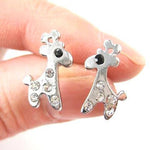 Adorable Giraffe Shaped Stud Earrings in Silver with Rhinestones | DOTOLY