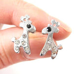 Adorable Giraffe Shaped Stud Earrings in Silver with Rhinestones | DOTOLY