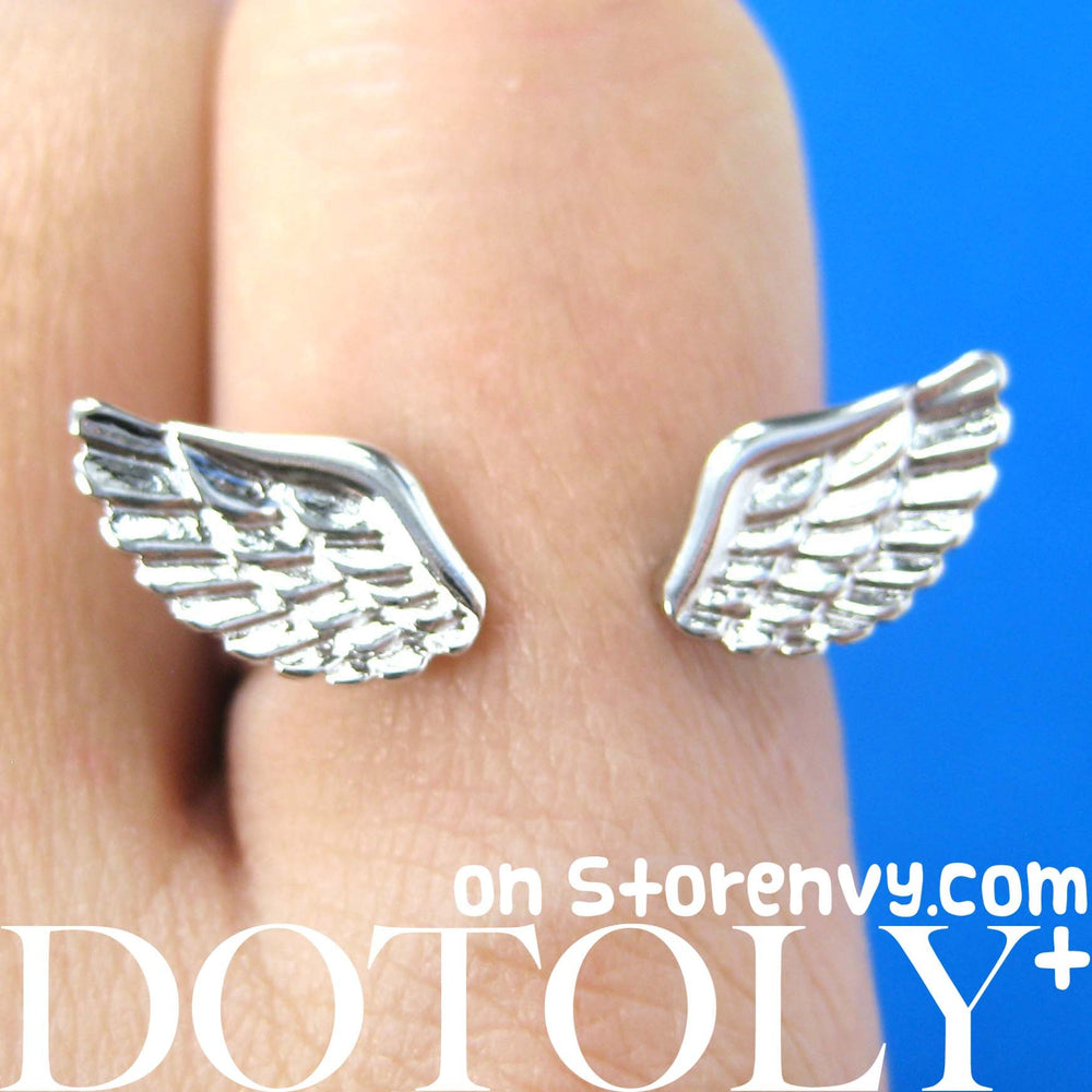 Angel Wings Adjustable Ring with Feather Detail in Silver | DOTOLY