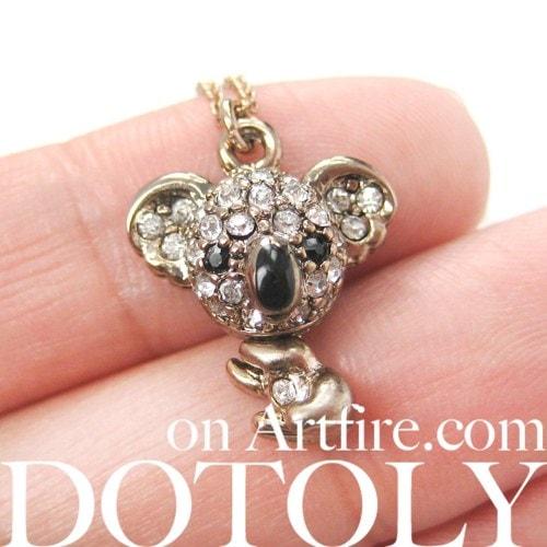 Koala Bear Adorable Animal Pendant Necklace in Dark Silver with Rhinestones | DOTOLY