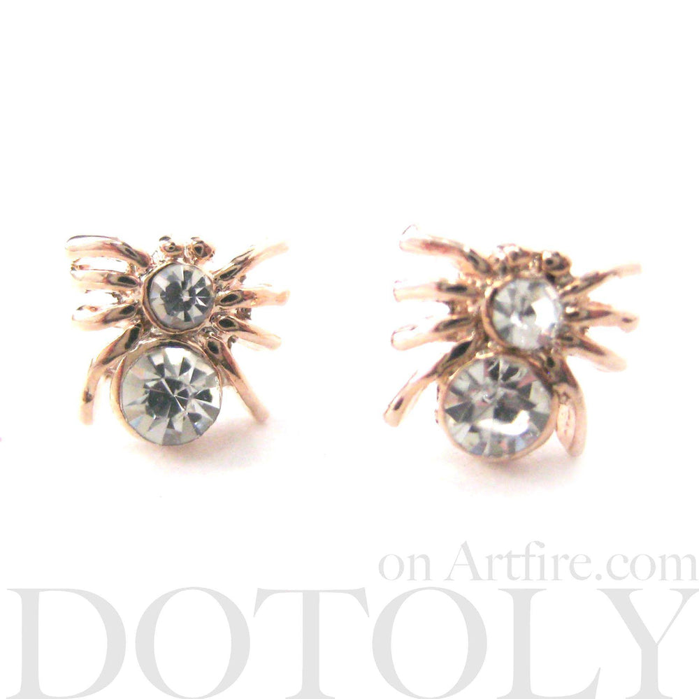 Tiny Tarantula Spider Shaped Stud Earrings in Rose Gold with Rhinestones | DOTOLY