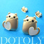 Kitty Cat Animal Stud Earrings in Gold with Heart Shaped Detail | ALLERGY FREE | DOTOLY