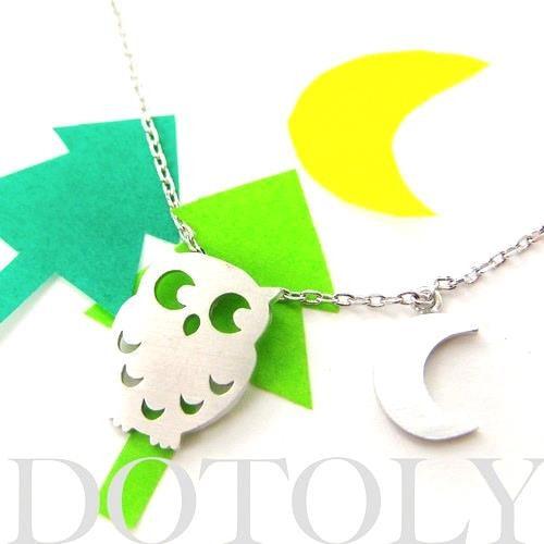 Owl Bird Crescent Moon Charm Necklace In Silver | Animal Jewelry | DOTOLY