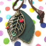 Green Nature Leaf Shaped Cut Out Pendant Necklace with Leather Details | DOTOLY