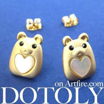 Teddy Bear Animal Stud Earrings in Gold with Hearts | ALLERGY FREE | DOTOLY