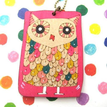 Owl Bird Animal Hand Drawn Pendant Necklace in Pink Ink on Wood | DOTOLY