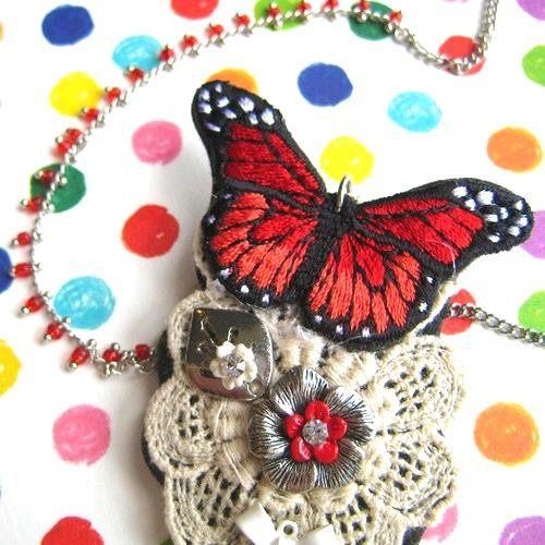 Butterfly Pendant and Brooch Necklace with Lace Detail in Shades of Red | DOTOLY