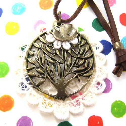 Round Tree Shaped Pendant with Bird Charm Necklace on Lace | DOTOLY