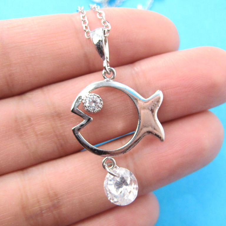 Fish Shaped Animal Charm Necklace in Silver with Rhinestones on SALE | DOTOLY