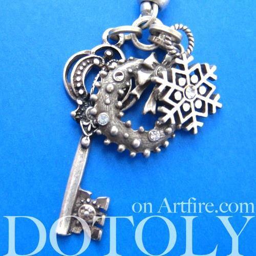 Antique Skeleton Key and Snowflake Pendant Necklace in Silver | DOTOLY