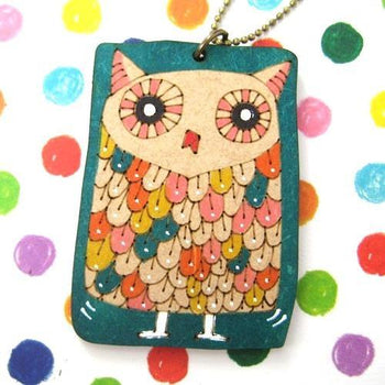 Owl Bird Animal Hand Drawn Pendant Necklace in Green Ink on Wood | DOTOLY