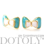 Bow Tie Knot Shaped Ribbon Stud Earrings in Turquoise on Gold | DOTOLY