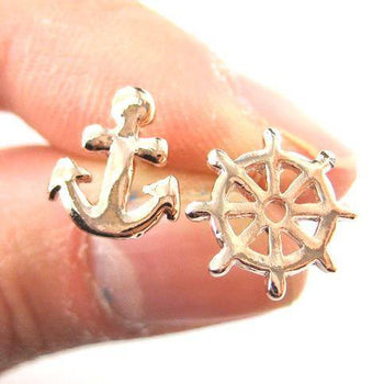 Small Anchor and Wheel Nautical Stud Earrings in Rose Gold | DOTOLY