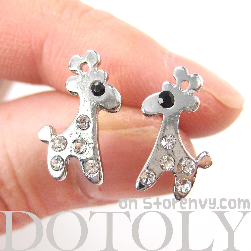 Adorable Giraffe Shaped Stud Earrings in Silver with Rhinestones | DOTOLY
