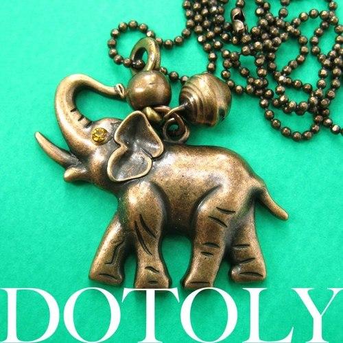 Baby Elephant Animal Pendant Necklace in Bronze with Bell Charm | DOTOLY