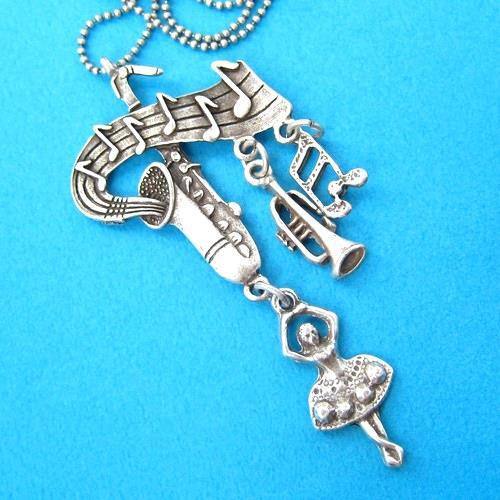 Ballerina Musical Notes and Instruments Saxophone Pendant Necklace in Silver | DOTOLY