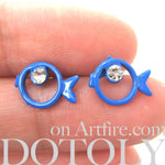 Round Fish Shaped Outline Stud Earrings in Blue with Rhinestones | DOTOLY
