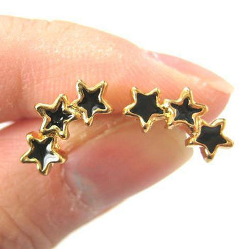 Small Connected Star Shaped Stud Earrings in Black on Gold | DOTOLY