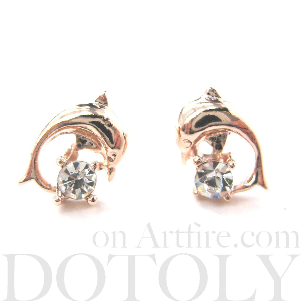 Classic Dolphin Shaped Sea Animal Stud Earrings in Rose Gold with Rhinestones | DOTOLY