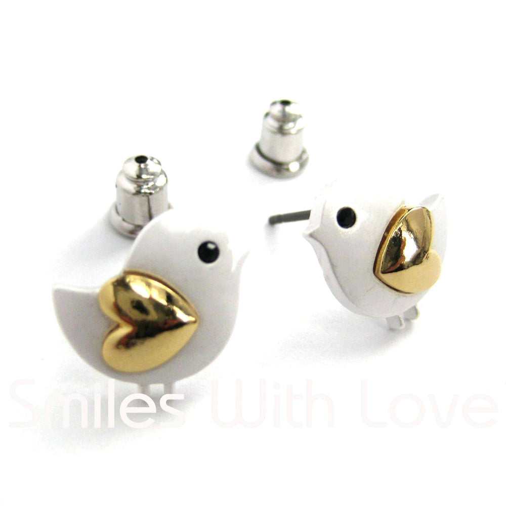 Baby Chick Bird Shaped Animal Stud Earrings with Heart Shaped Wings | DOTOLY