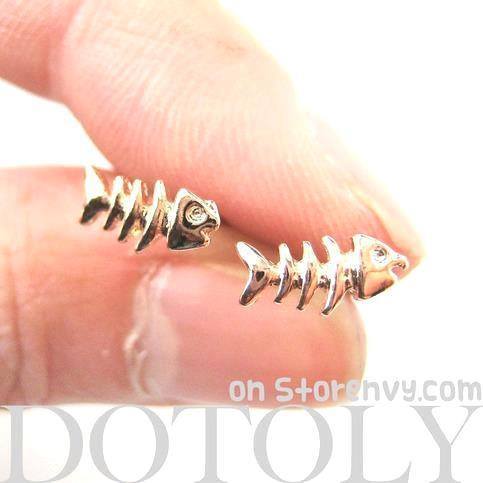 Small Fishbone Fish Skeleton Shaped Stud Earrings in Gold | DOTOLY