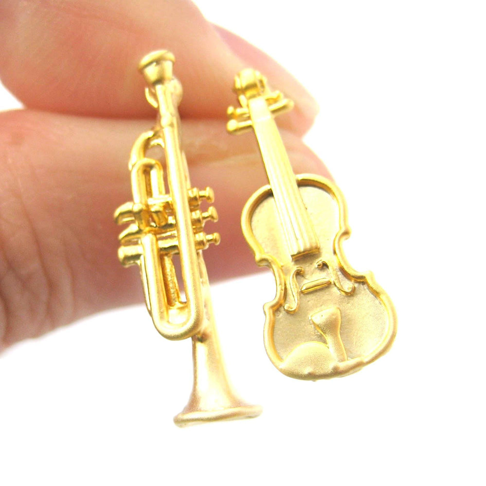 Musical Instrument Themed Violin and Trumpet Shaped Stud Earrings in Gold | DOTOLY
