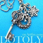 Antique Skeleton Key and Snowflake Pendant Necklace in Silver | DOTOLY