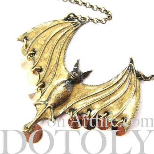 Unique Bat Animal Pendant Necklace in Bronze with Sequins | DOTOLY